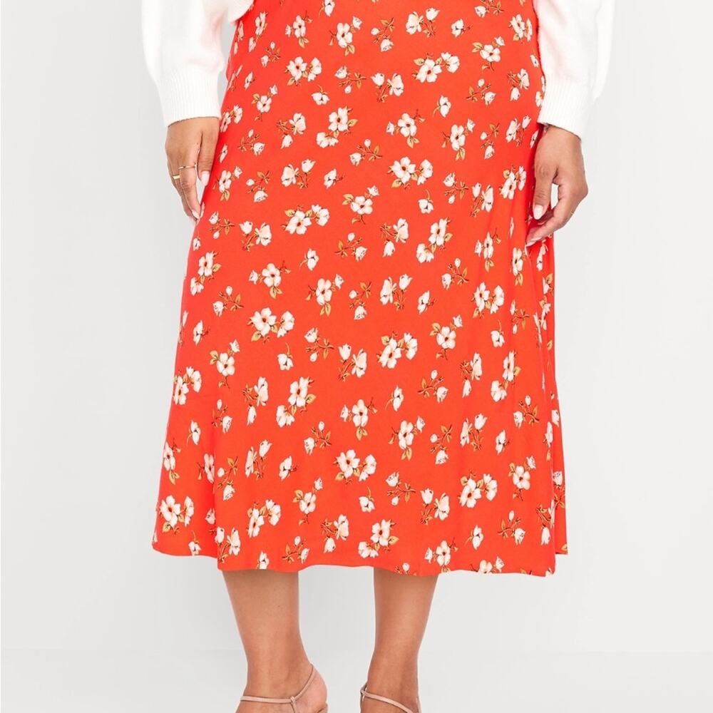 Old Navy red floral Crepe A-Line Midi Skirt - Picture 9 of 13